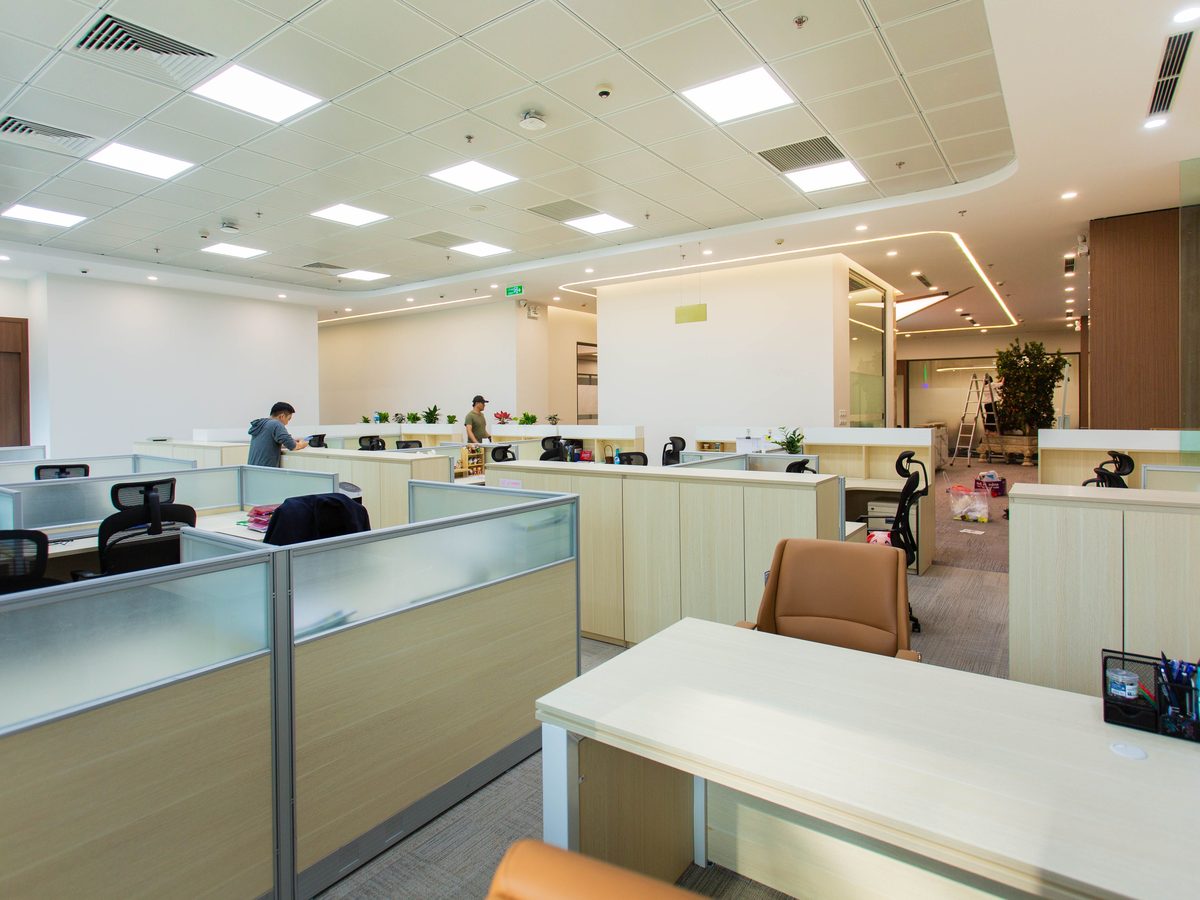 Open-plan engineering design office with CAD workstations