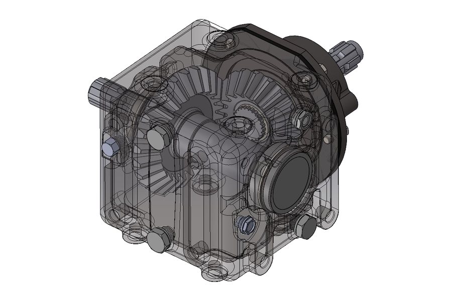 Ghosted CAD model of an agricultural primary right-angle bevel gearbox showing the bevel pinion and crown wheel, splined input shaft and perimeter-bolted split casing (view 1 of 2)
