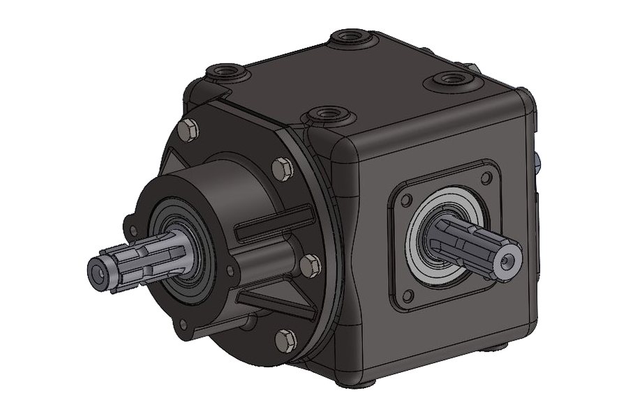 Ghosted CAD model of an agricultural primary right-angle bevel gearbox showing the bevel pinion and crown wheel, splined input shaft and perimeter-bolted split casing (view 2 of 2)