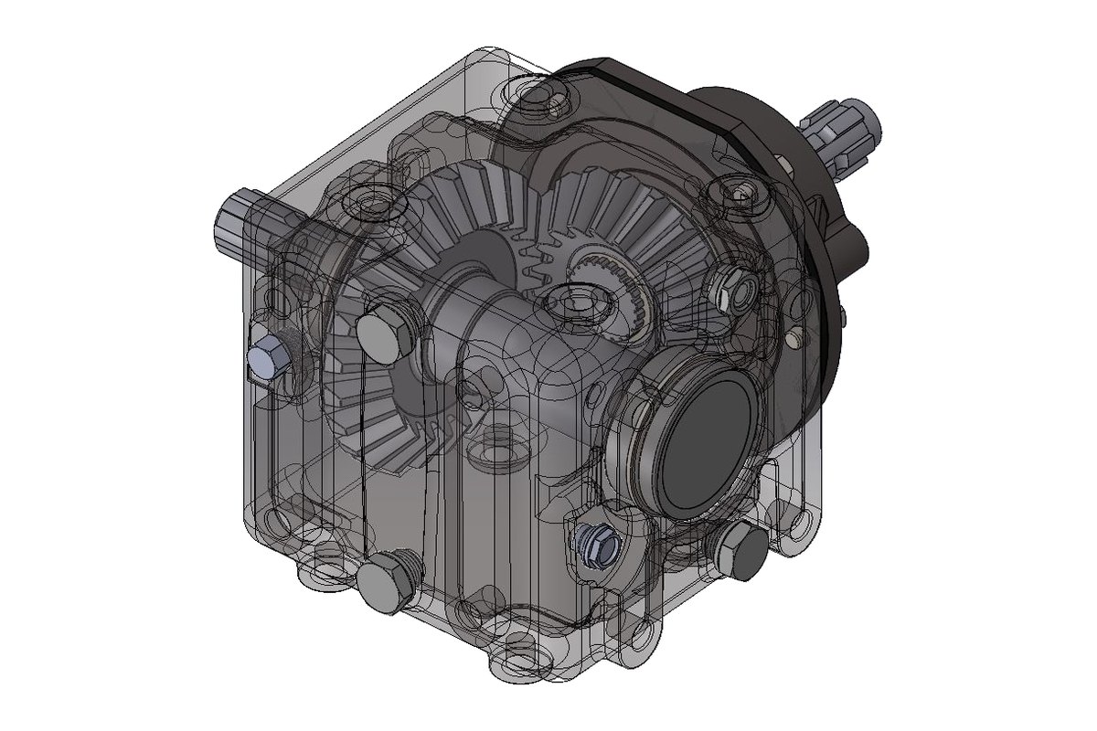 3D CAD model of an agricultural primary gearbox with bevel gear set and sealed housing