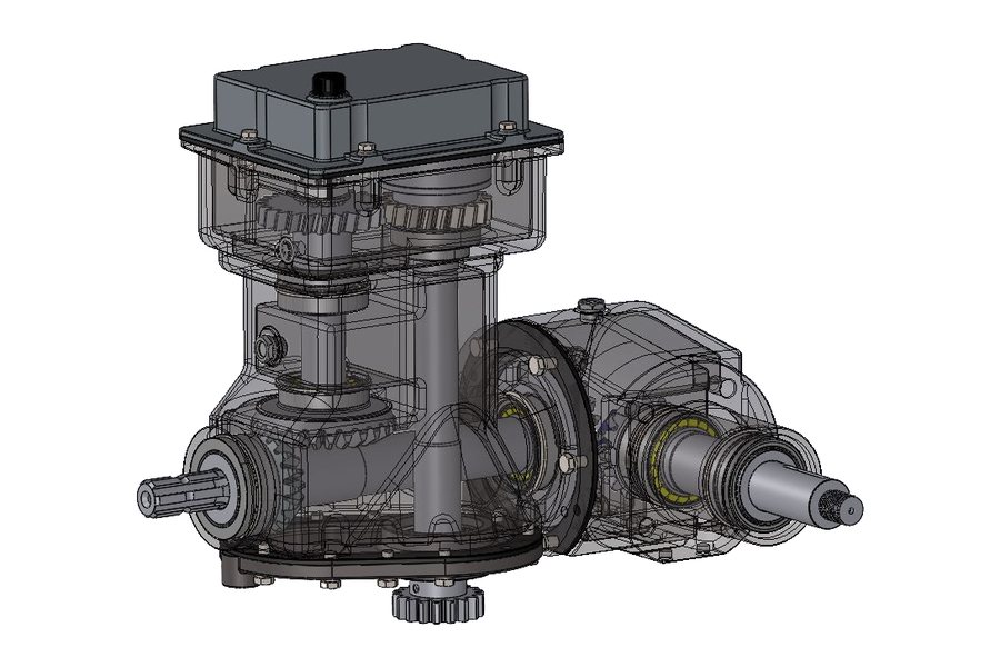 CAD assembly of a multi-stage agricultural secondary gearbox showing a right-angle bevel input stage, a cylindrical gear reduction under a bolted top cover and a roller-bearing output (view 1 of 2)
