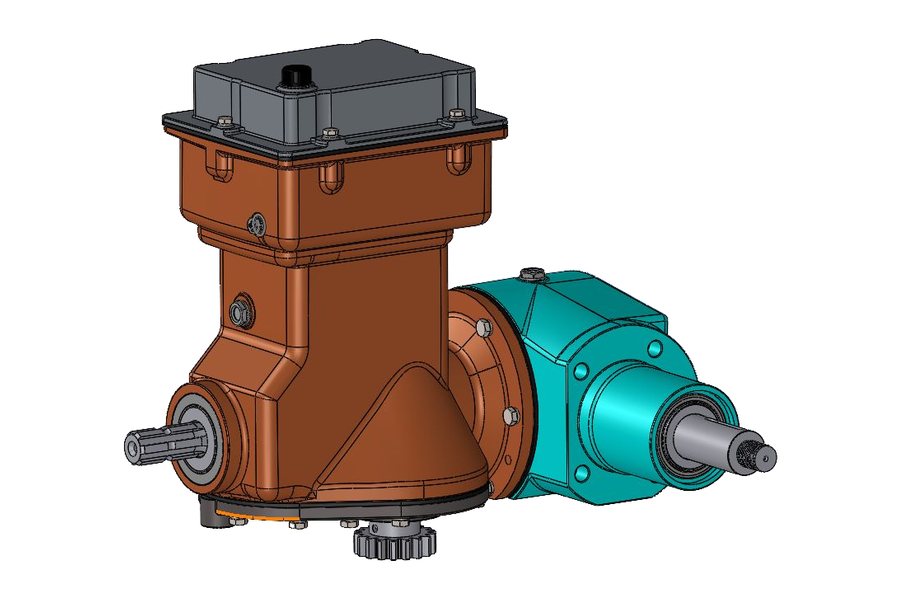 CAD assembly of a multi-stage agricultural secondary gearbox showing a right-angle bevel input stage, a cylindrical gear reduction under a bolted top cover and a roller-bearing output (view 2 of 2)