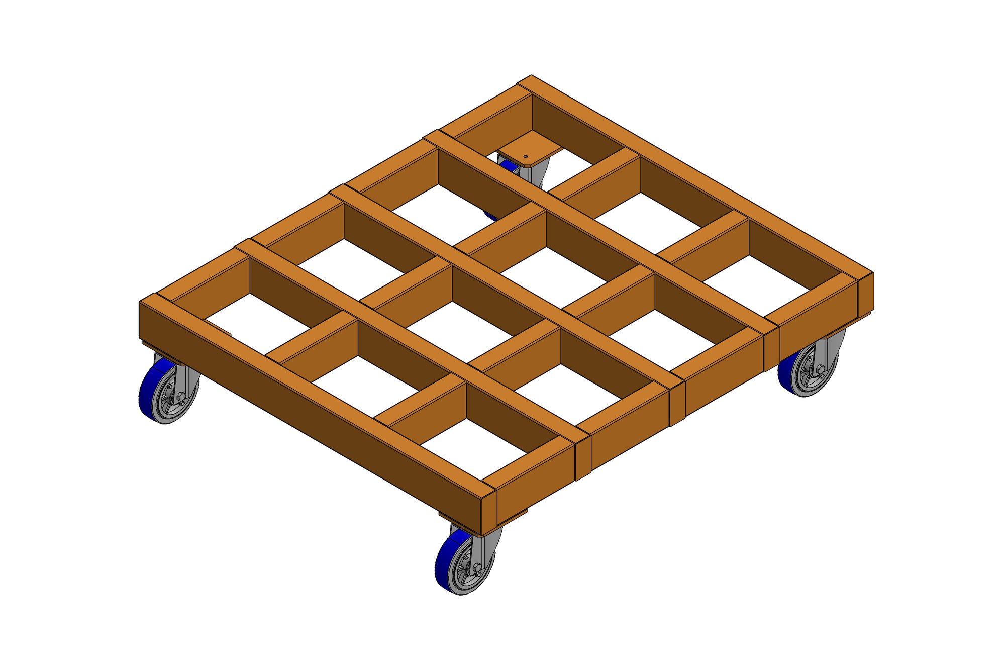 CAD model of an aluminium grid-frame platform dolly on four swivel castors