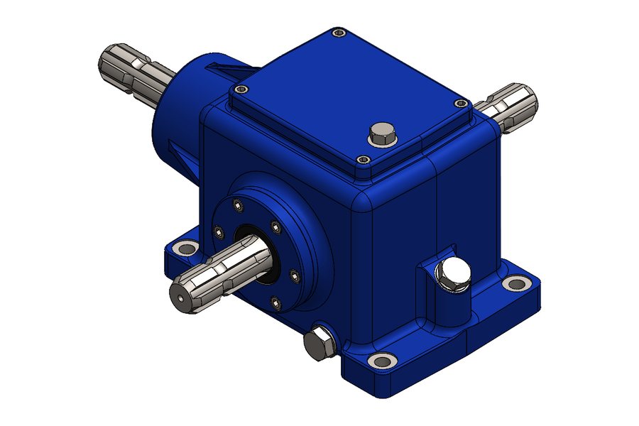 3D CAD cutaway view of a right-angle spiral bevel gearbox showing internal splined shafts, deep-groove ball bearings, castellated nut and cast housing (view 2 of 2)