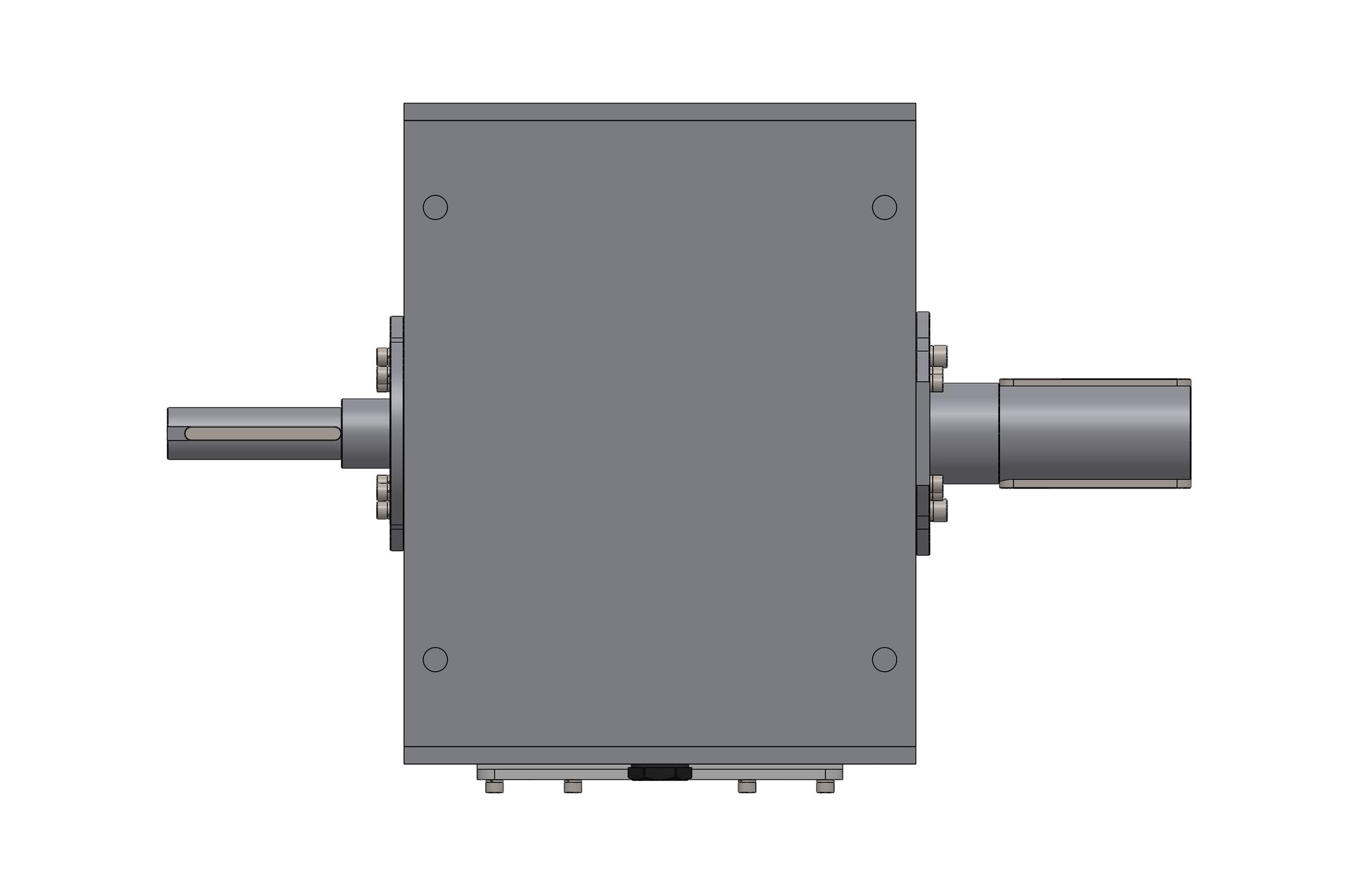 Side view showing the three reduction stages and twin outputs