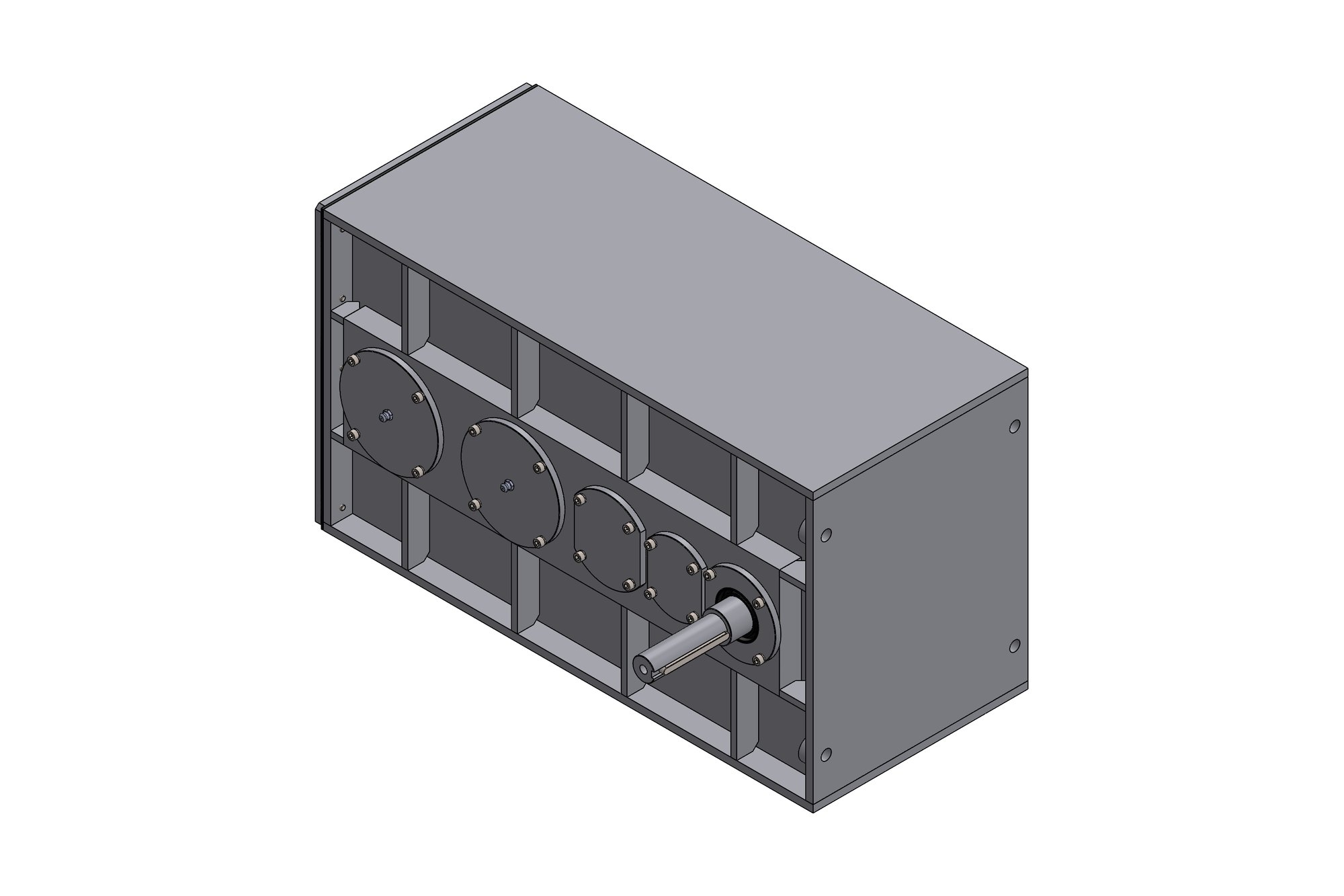CAD model of a three-stage helical gearbox with twin output shafts and a cast housing with inspection cover