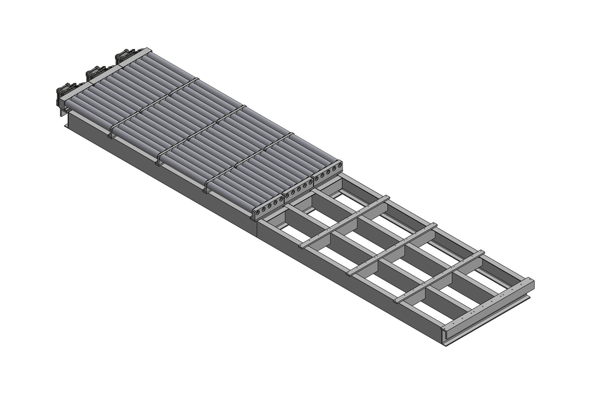 CAD model of a long roller-bed stacker conveyor with fabricated steel frame and driven feed rollers