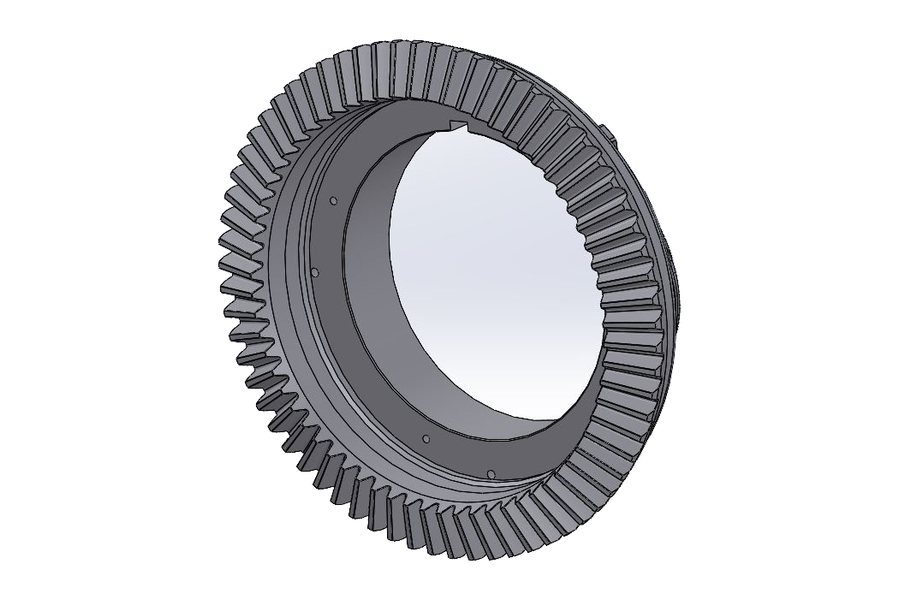 Isometric CAD model of a large-diameter girth gear ring for a crushing mill, showing external gear teeth, a pocketed web with radial stiffening ribs and a counterbored mounting flange (view 2 of 3)
