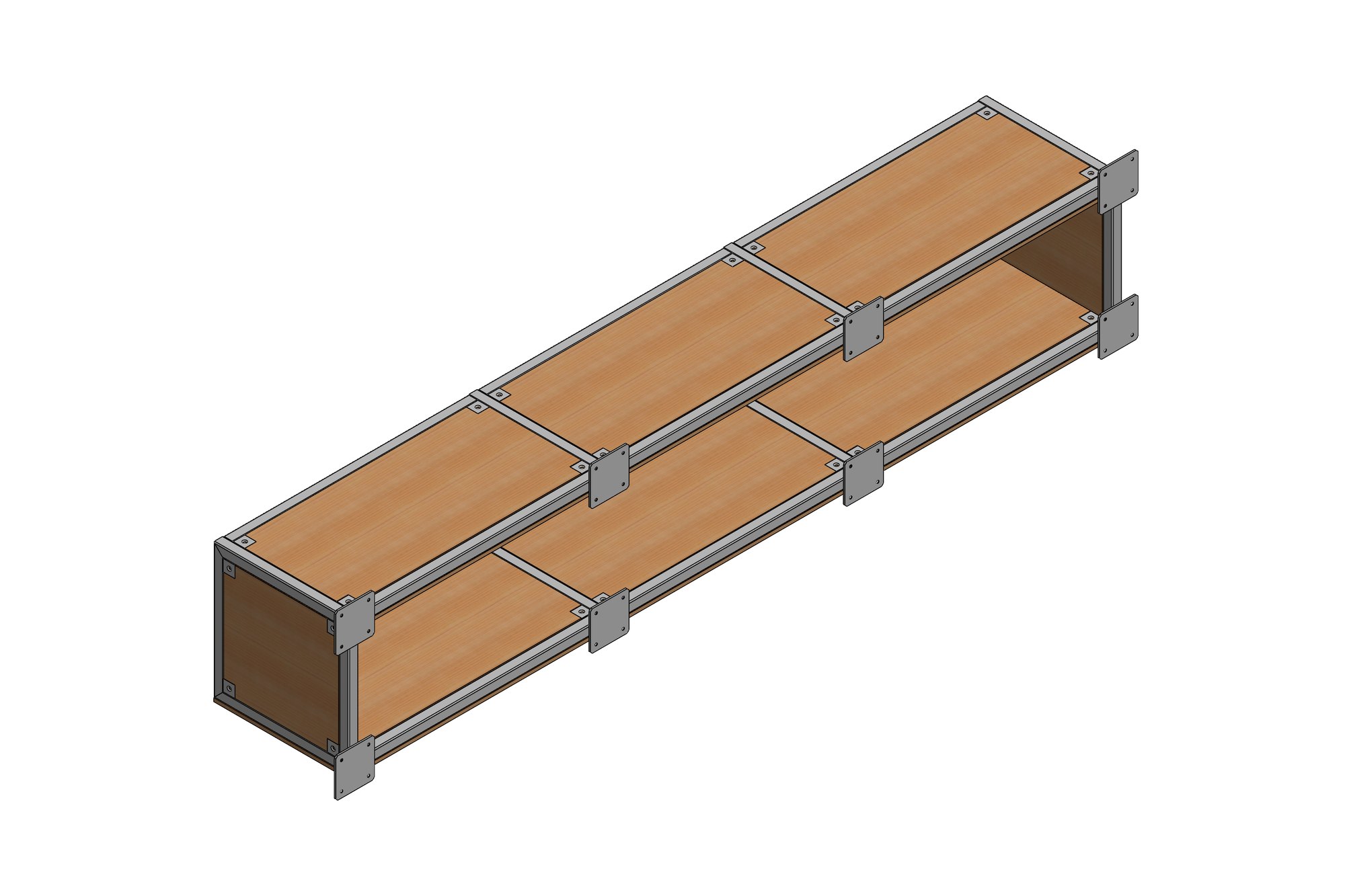 CAD model of a long rectangular display frame in square hollow section with timber panel inserts