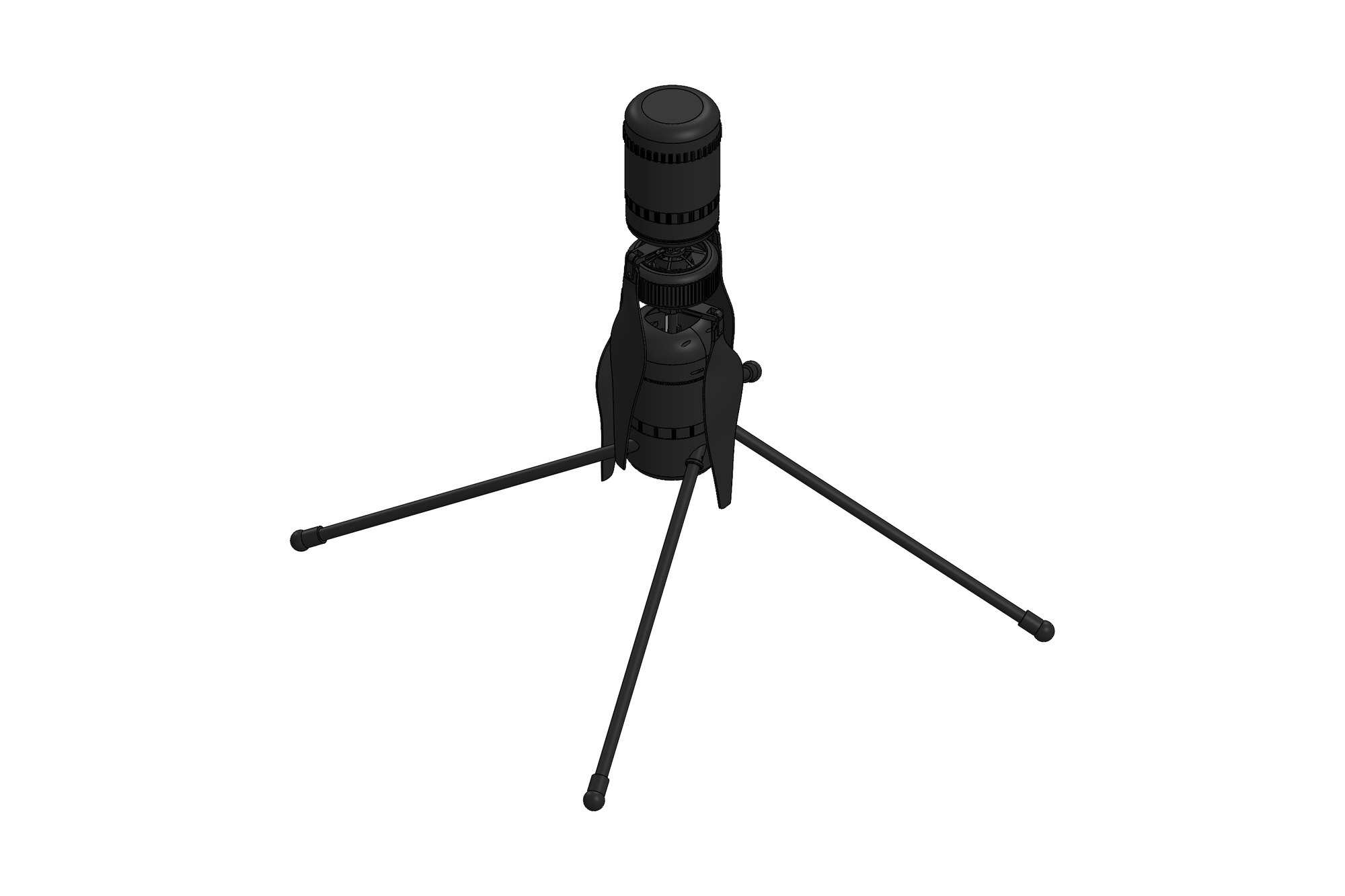 CAD model of a multirotor drone airframe with motor housings and a payload mechanism