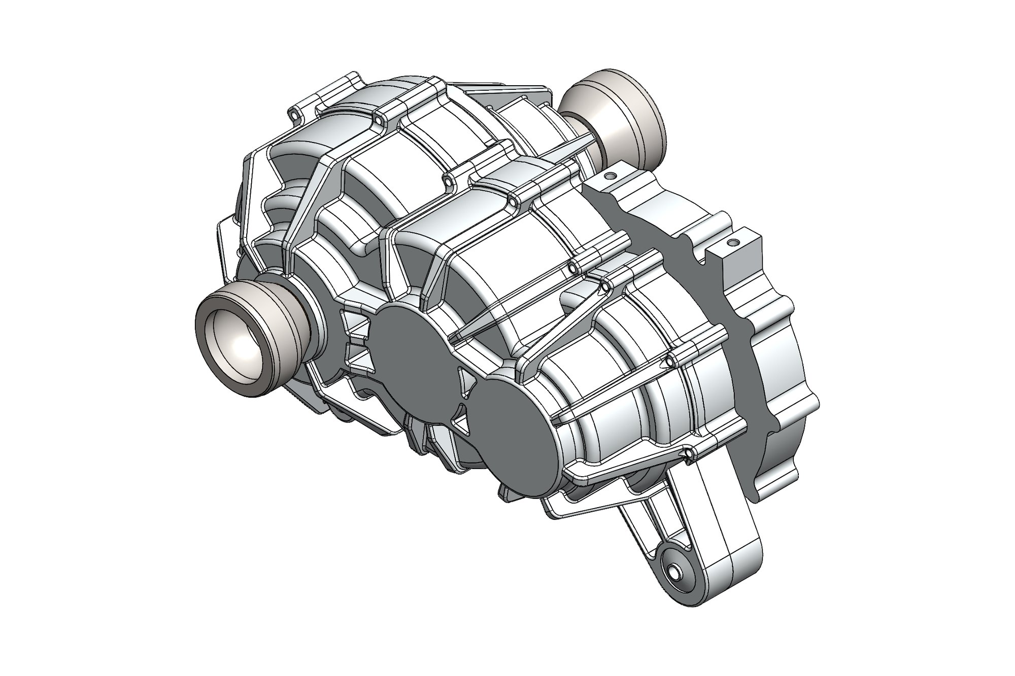 CAD model of a two-stage EV gearbox housing containing a torque-biasing differential and half shafts