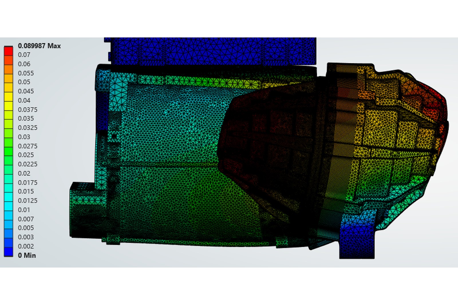 Ansys total deformation plot of an electric drive unit gearbox housing under 7,000 N·m forward torque