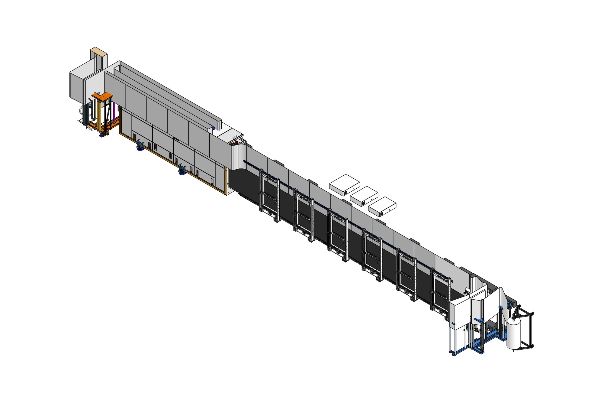 CAD model of a long textile float dryer line with entry section, two chambers and exit plaiter