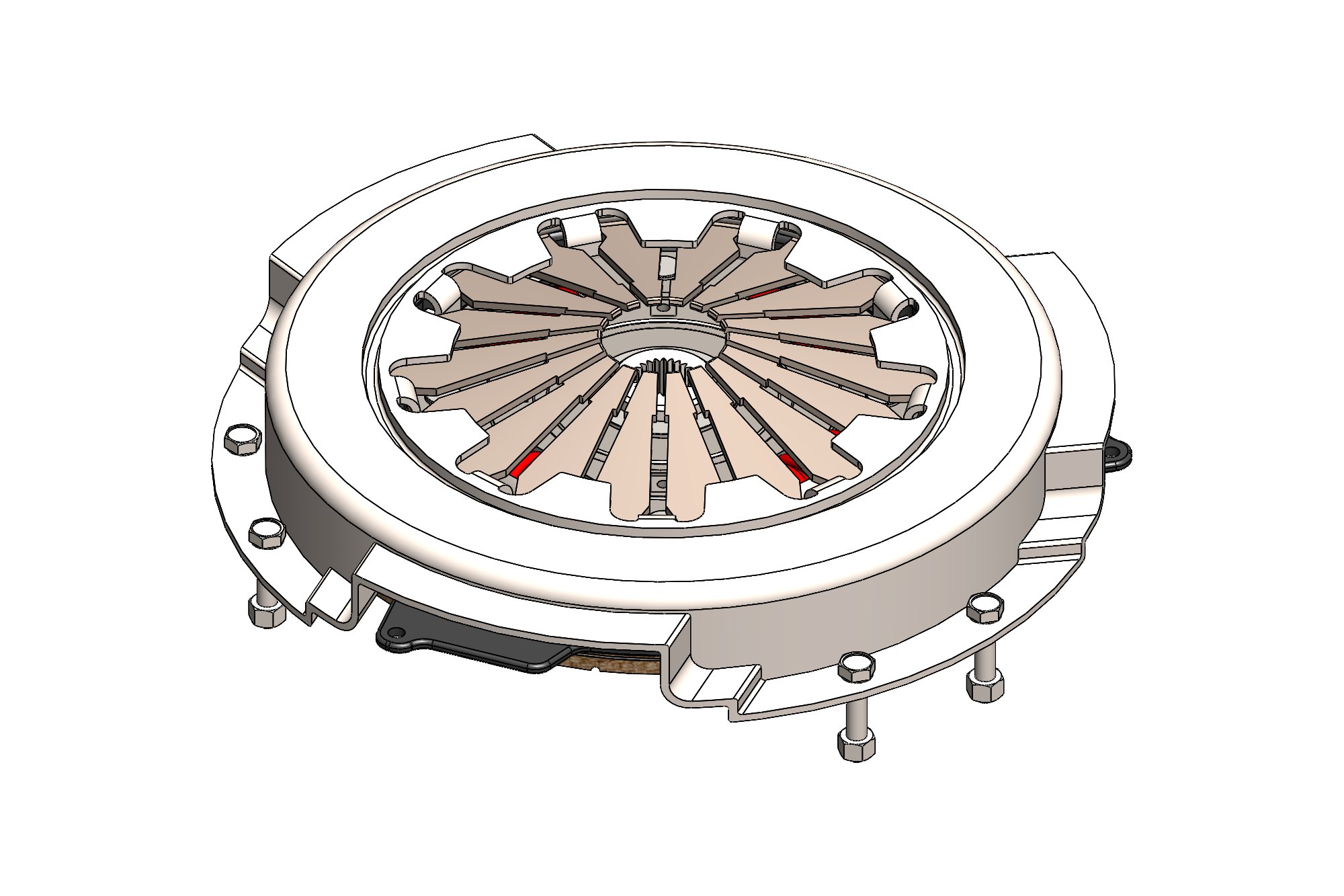 CAD model of a single-plate friction clutch with pressure plate, diaphragm and flywheel
