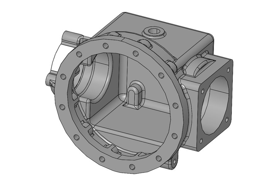Isometric CAD model of a fabricated gearbox housing showing internal bearing seats with machining allowance, a twelve-hole bolt circle and integrated mounting lugs (view 1 of 2)