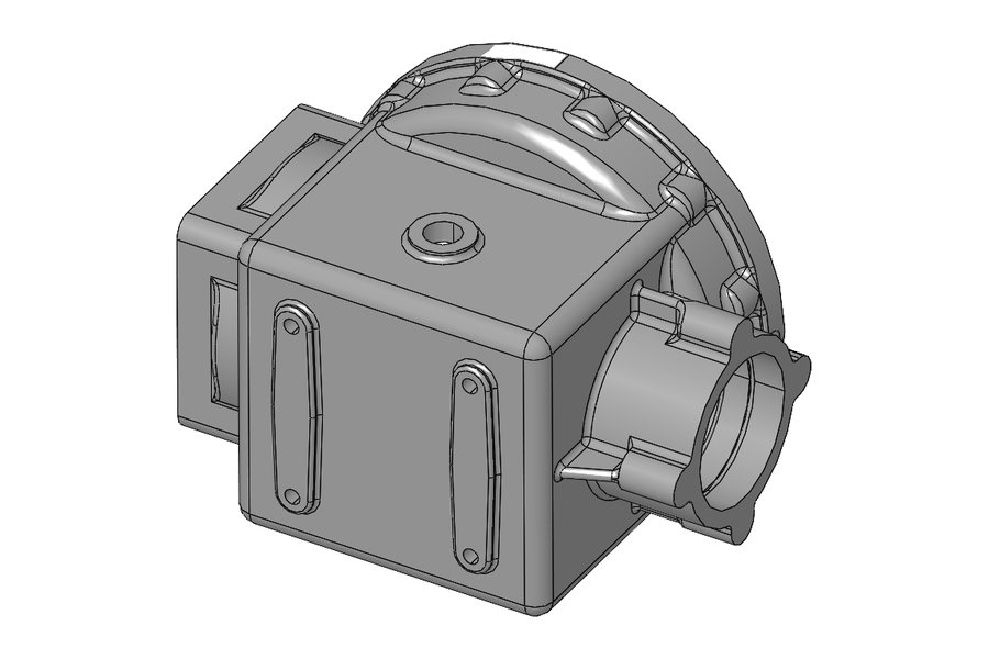 Isometric CAD model of a fabricated gearbox housing showing internal bearing seats with machining allowance, a twelve-hole bolt circle and integrated mounting lugs (view 2 of 2)