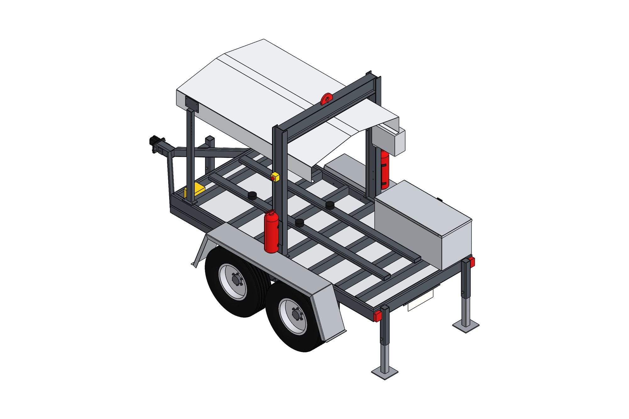 CAD model of a tandem-axle trailer carrying a diesel pump set with portal frame and hood