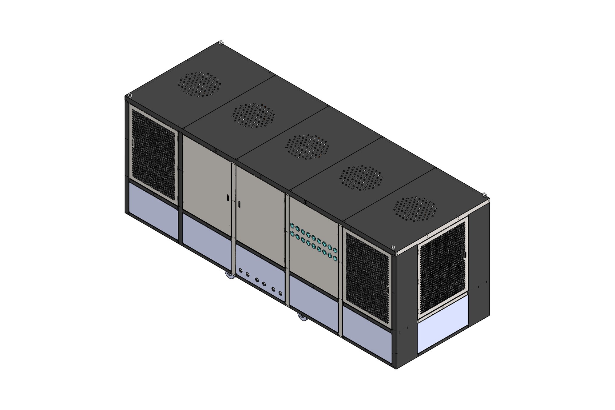 CAD model of a 3-ton heat pump unit showing the welded structure, enclosure panels and internal component layout