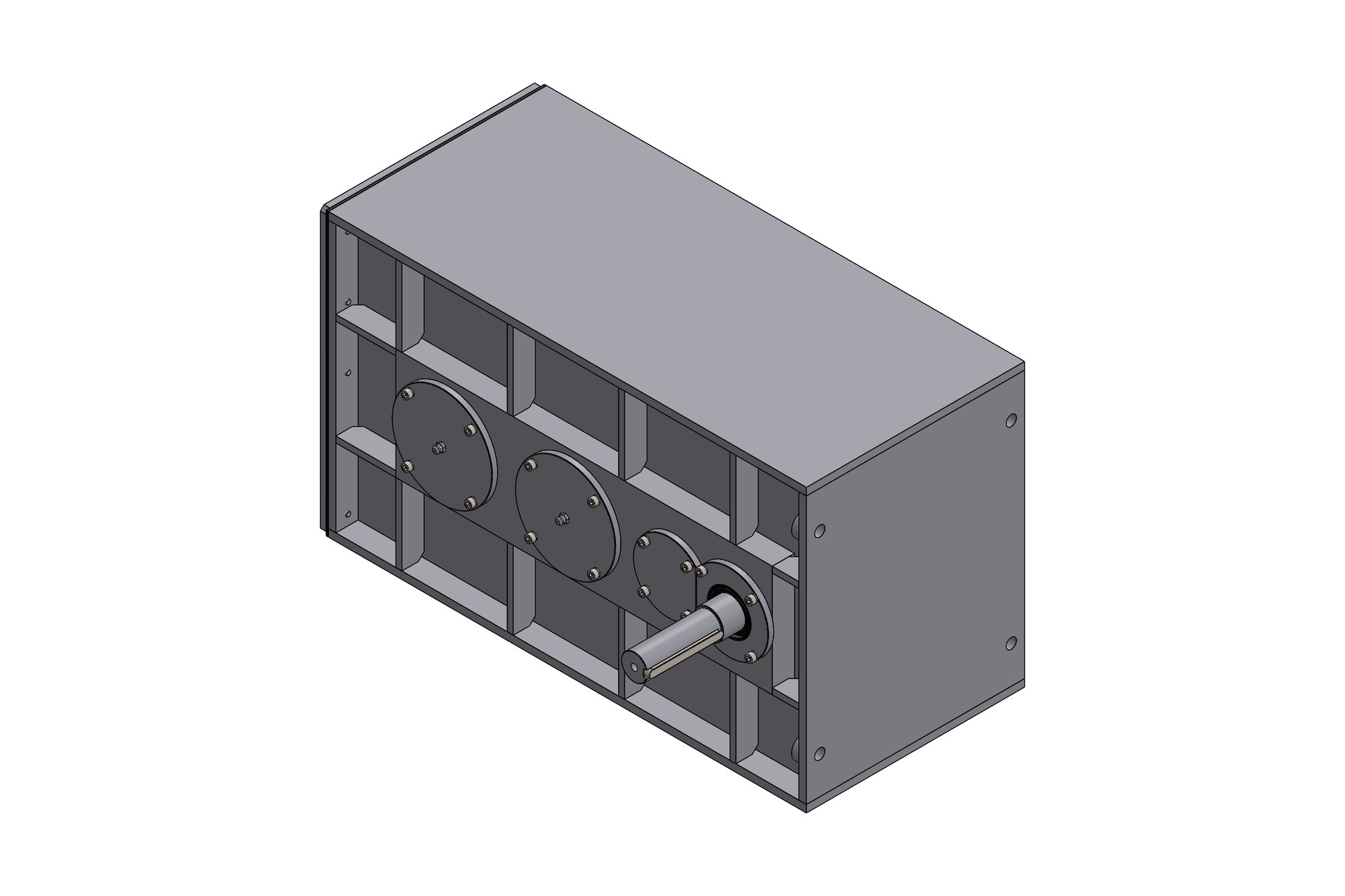 CAD model of a two-stage helical gearbox housing with top cover, inspection cover and twin output shafts