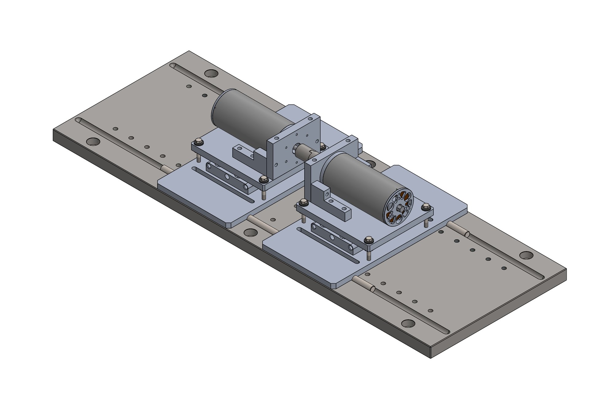 CAD model of an electric motor test rig with two motors on adjustable alignment bases coupled on a steel bed plate