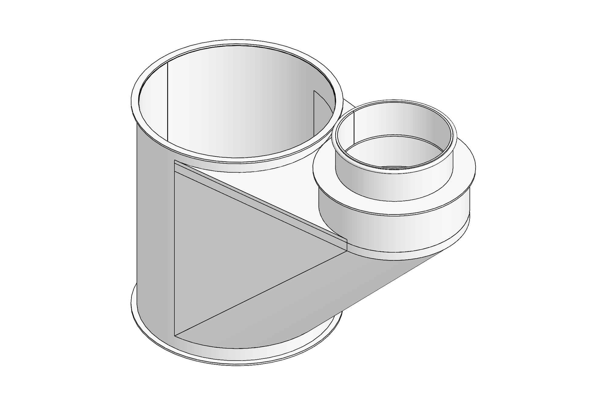 CAD model of a sheet-metal cyclone body with tangential inlet and top outlet