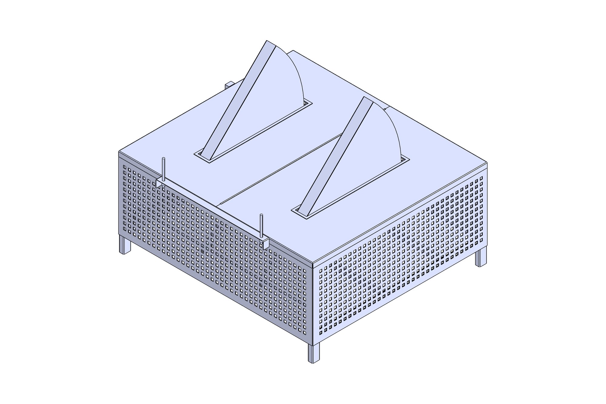CAD model of a folding mattress lifter frame shown in open and closed positions
