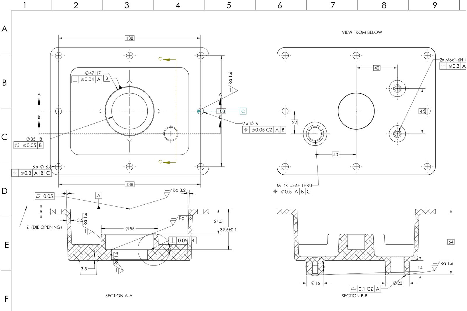 ISO GPS toleranced drawing of a die-cast gearbox housing