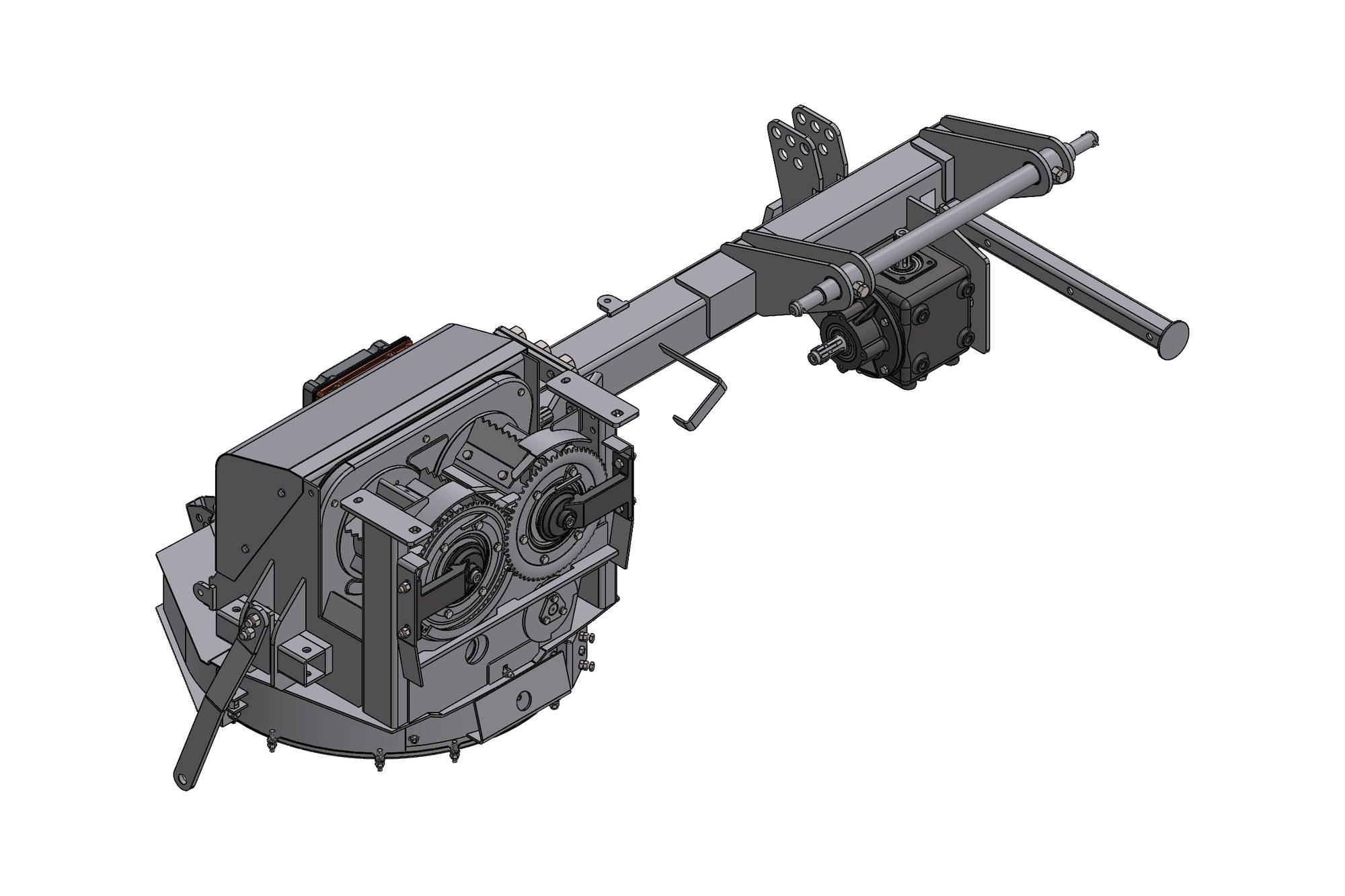 CAD model of a tractor-mounted mobile shredder with chassis, gearbox and PTO drive