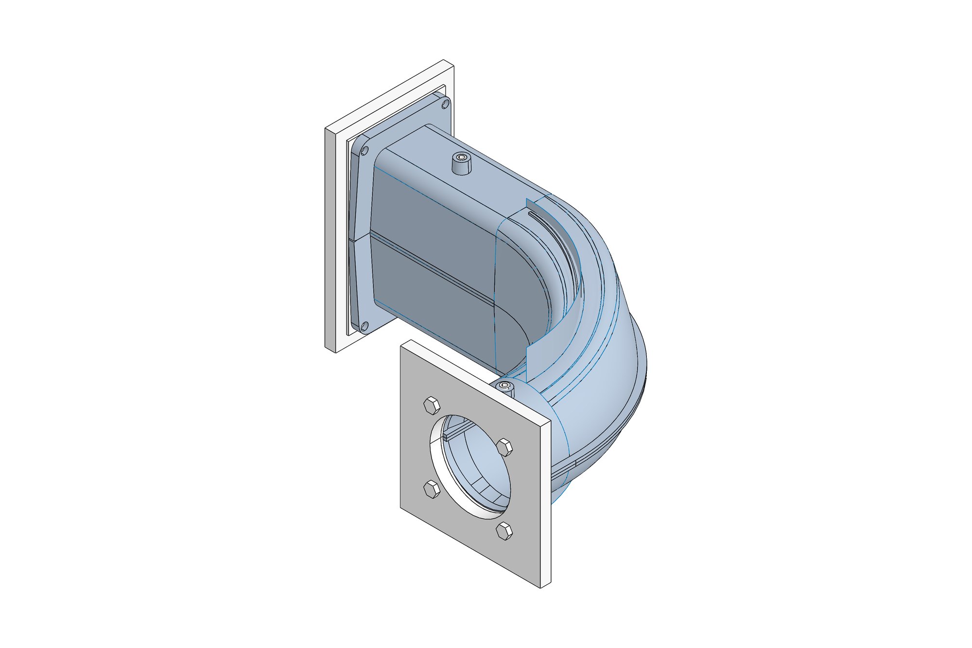 Creo model of a moulded two-piece air intake duct with flanges and mounting bosses
