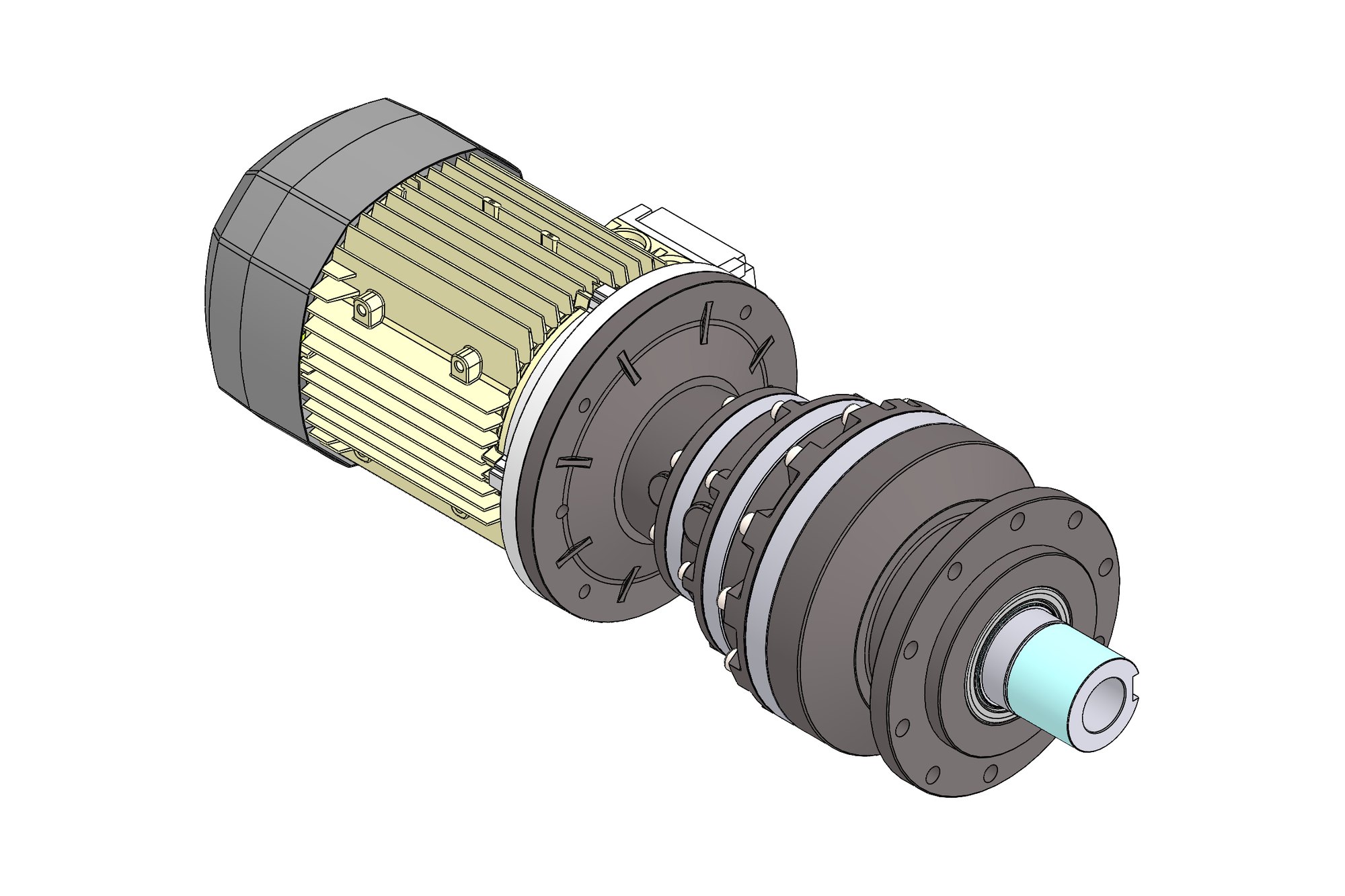 CAD model of a two-stage planetary gearbox with cast motor mounting flange and output shaft carrier