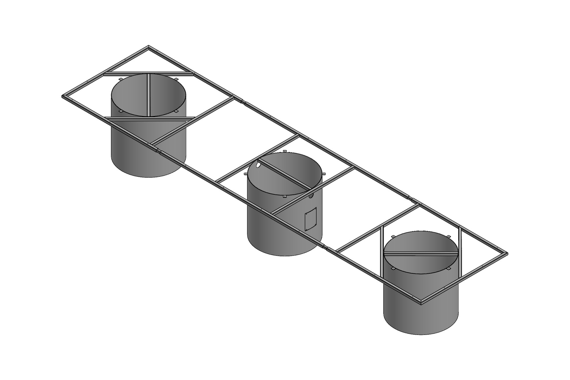 CAD model of a long steel frame supported on three cylindrical drum bases
