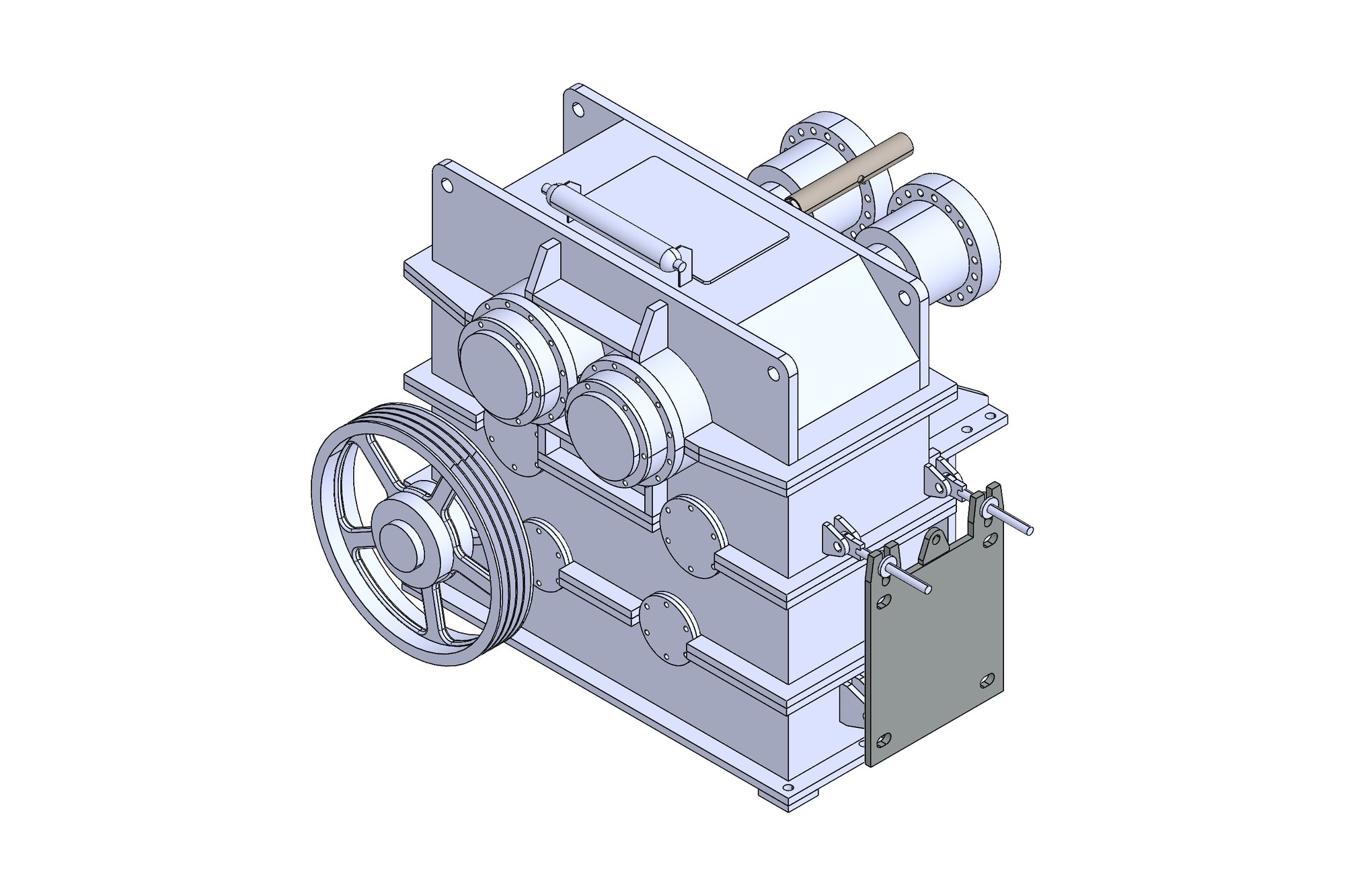 CAD model of a press drive gearbox with a spoked flywheel on the input shaft and twin output bearing covers
