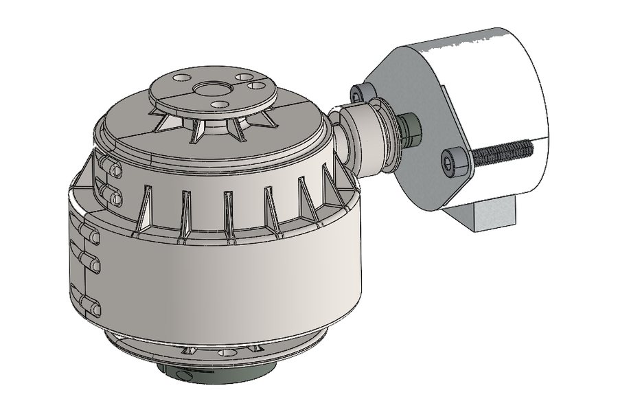 Ghosted CAD view of a vertical epicyclic pump gear drive showing the internal ring gear, planet gears and ribbed housing with split clamped collars (view 1 of 2)
