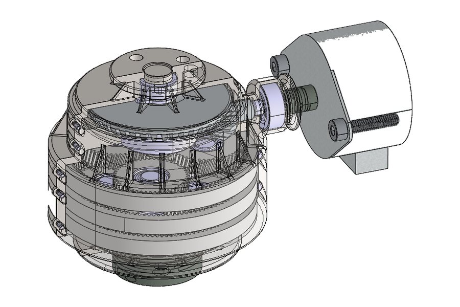 Ghosted CAD view of a vertical epicyclic pump gear drive showing the internal ring gear, planet gears and ribbed housing with split clamped collars (view 2 of 2)