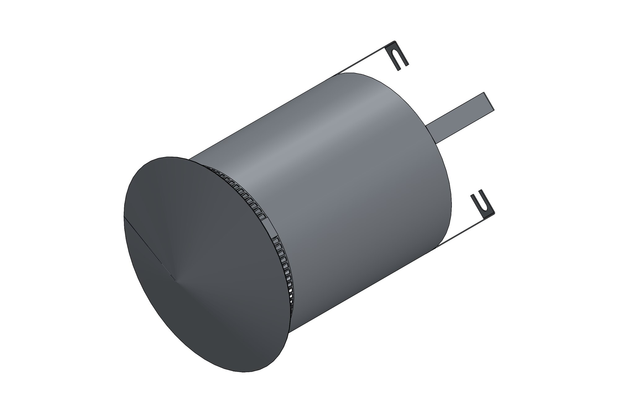 CAD model of a sheet-metal pump motor canopy with wire-mesh side guards