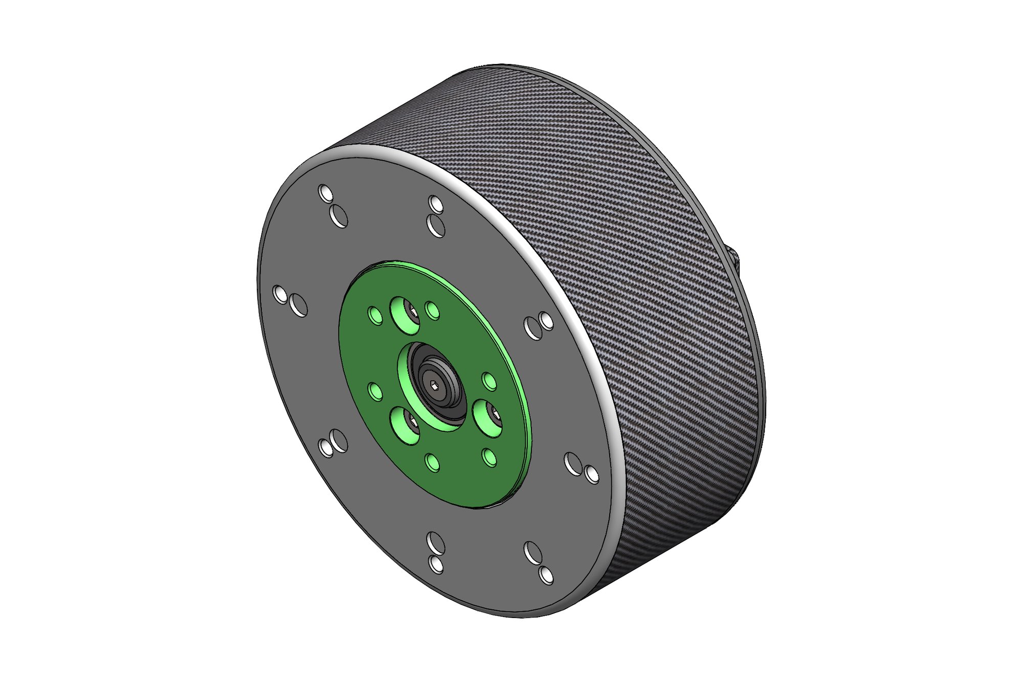 CAD model of a cylindrical robot joint actuator with carbon-fibre style outer tube and green front plate