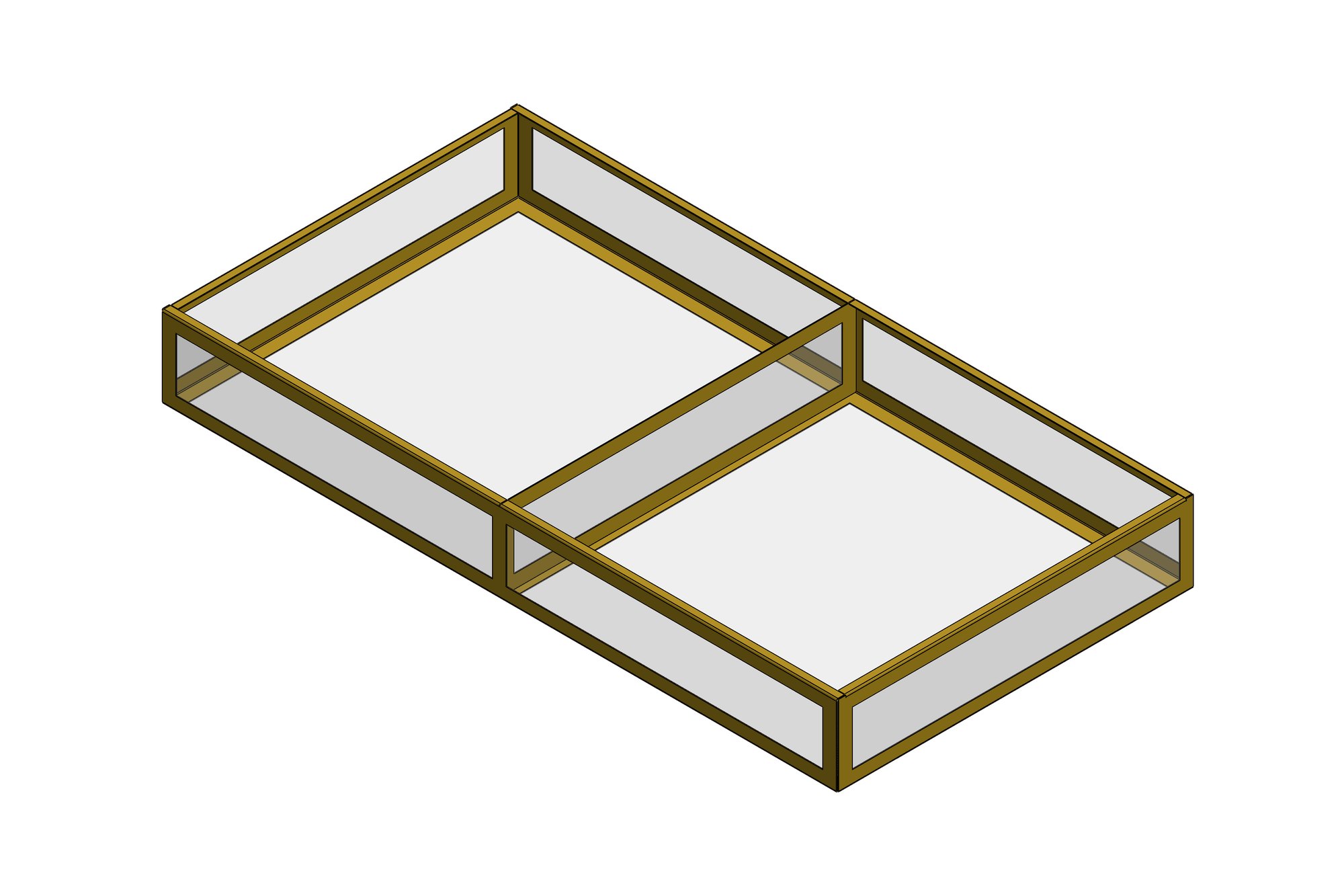 CAD model of a shallow rectangular steel display tray frame with glass panel inserts