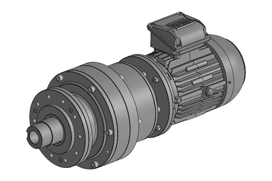 CAD model of an inline multi-stage planetary geared motor for a roll-bending machine, showing stacked reduction stages, a fan-cooled motor and a keyed output shaft (view 1 of 2)
