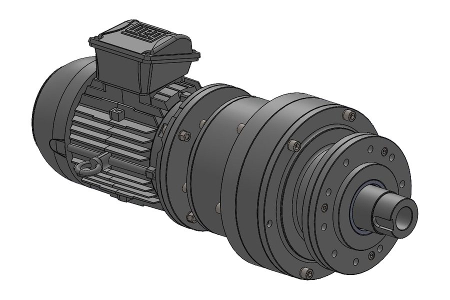 CAD model of an inline multi-stage planetary geared motor for a roll-bending machine, showing stacked reduction stages, a fan-cooled motor and a keyed output shaft (view 2 of 2)