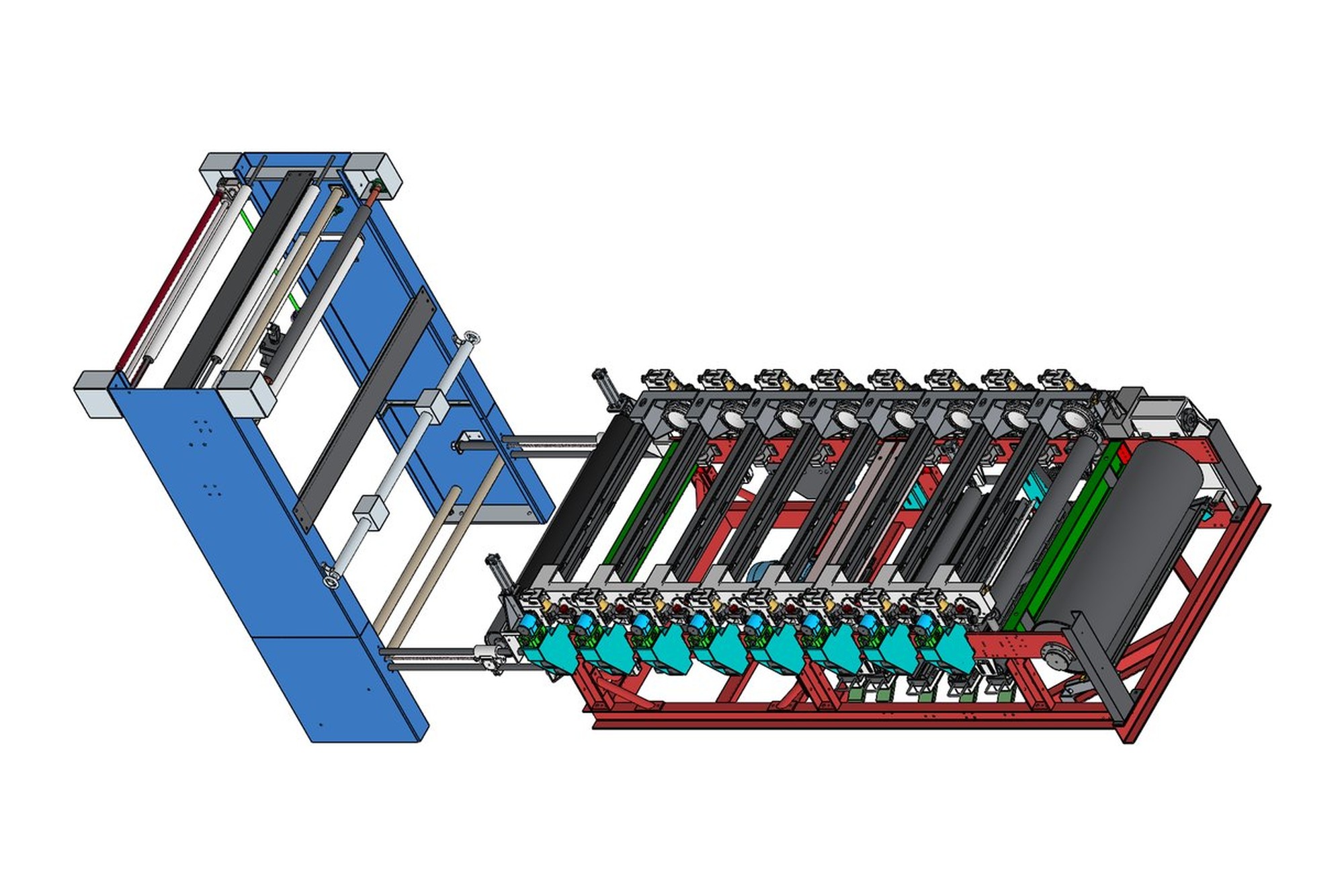CAD model of a rotary screen textile printing machine with multiple print heads and drive side