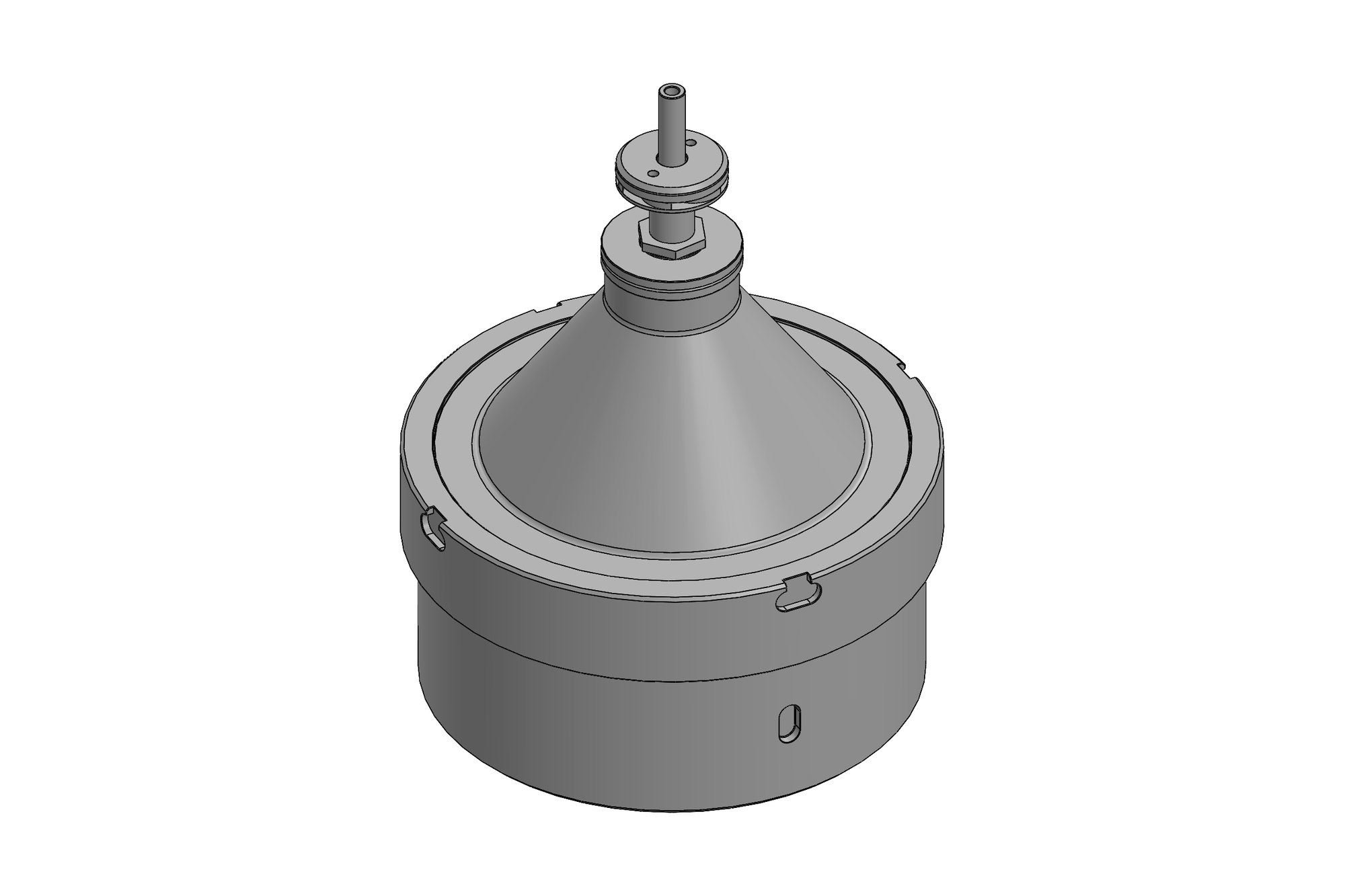 CAD section of a centrifugal separator bowl assembly with distributor, disc stack and spindle