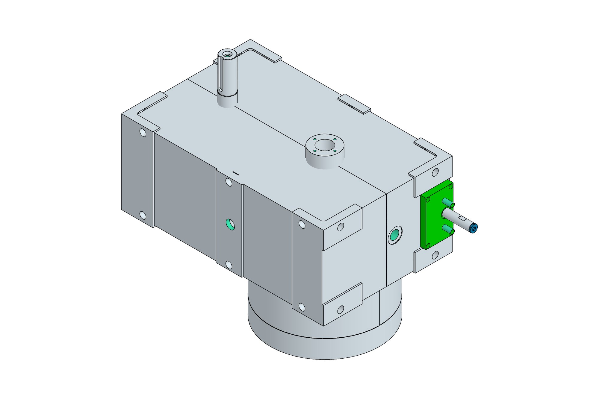 CAD model of a single-screw extruder gearbox with output thrust housing, input shaft and bolted covers
