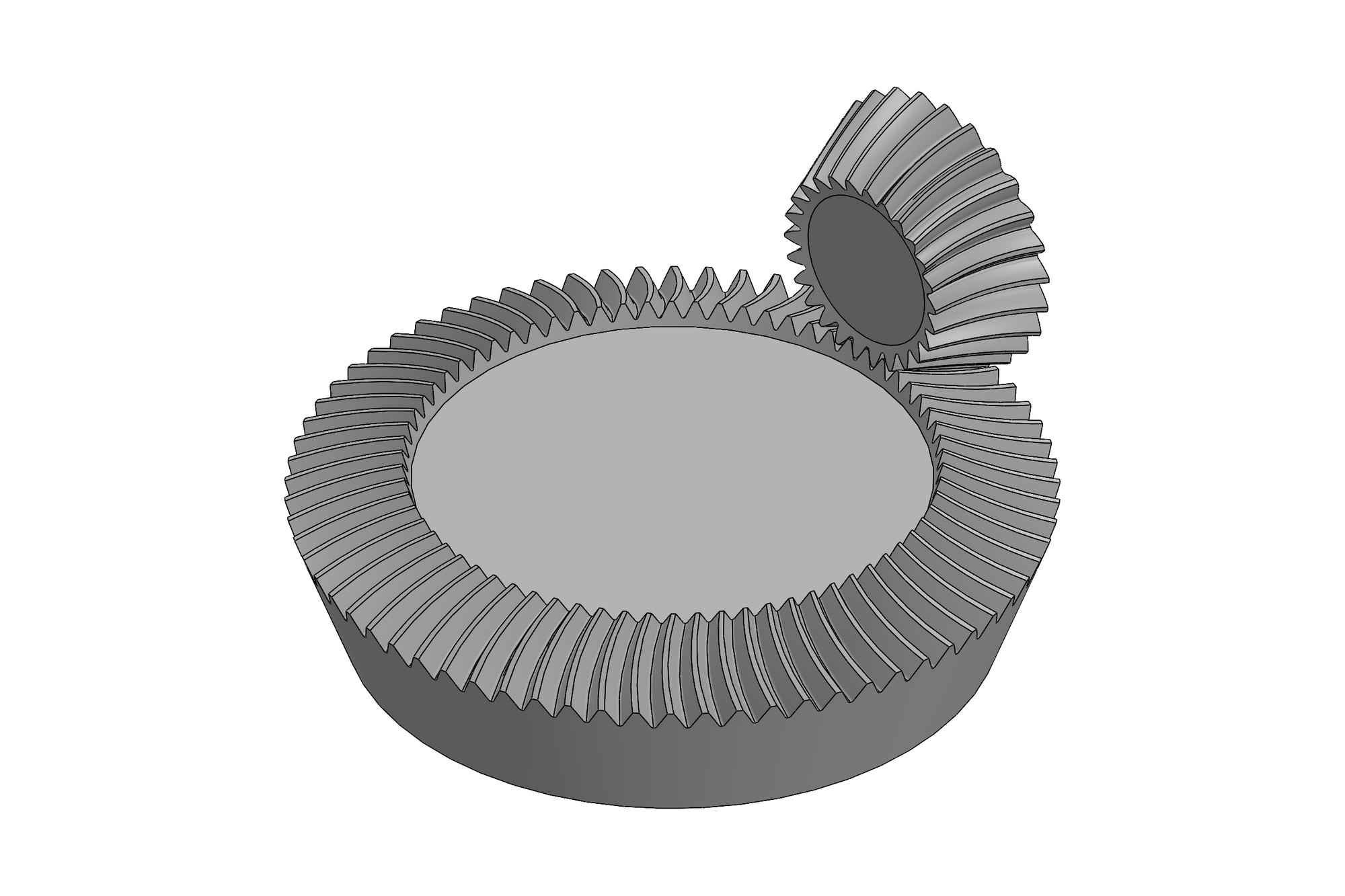 CAD model of a spiral bevel gear pair with splined input shafts