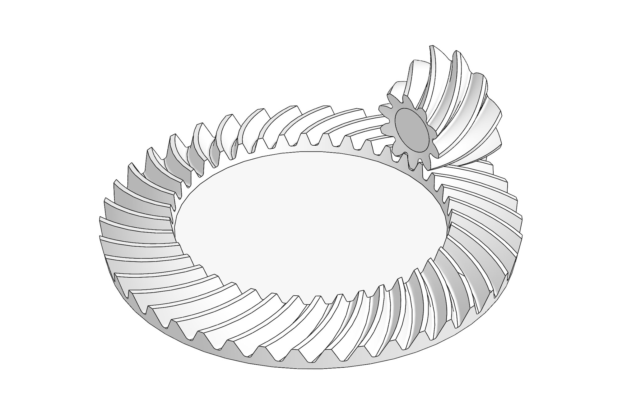 CAD model of a spiral bevel crown gear meshing with a spiral bevel pinion