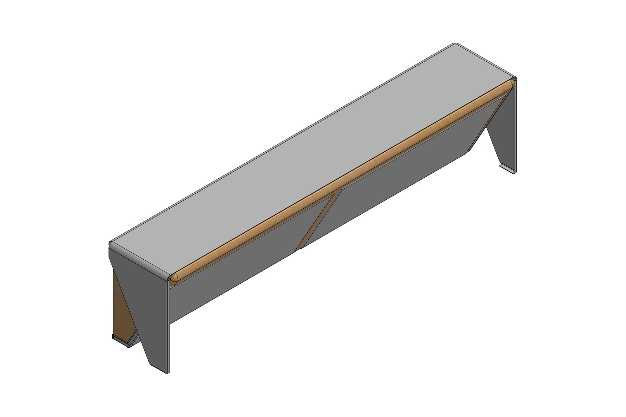 CAD model of a long stainless steel counter top with bullnose front edge and folded end panels