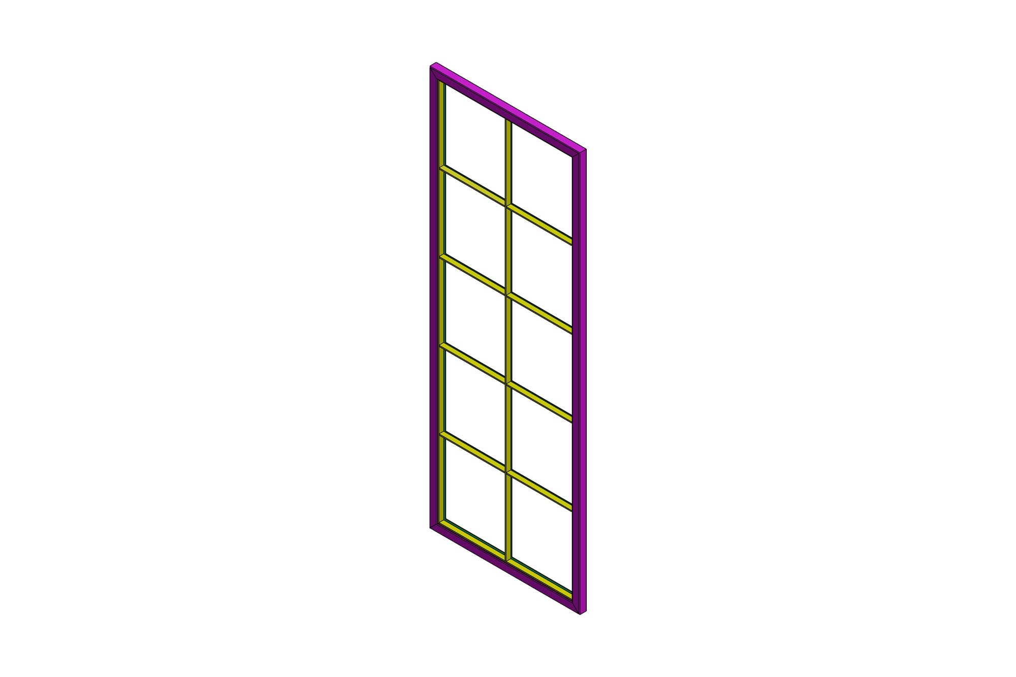 CAD model of a stainless steel door frame with square hollow section posts and divided panel infill