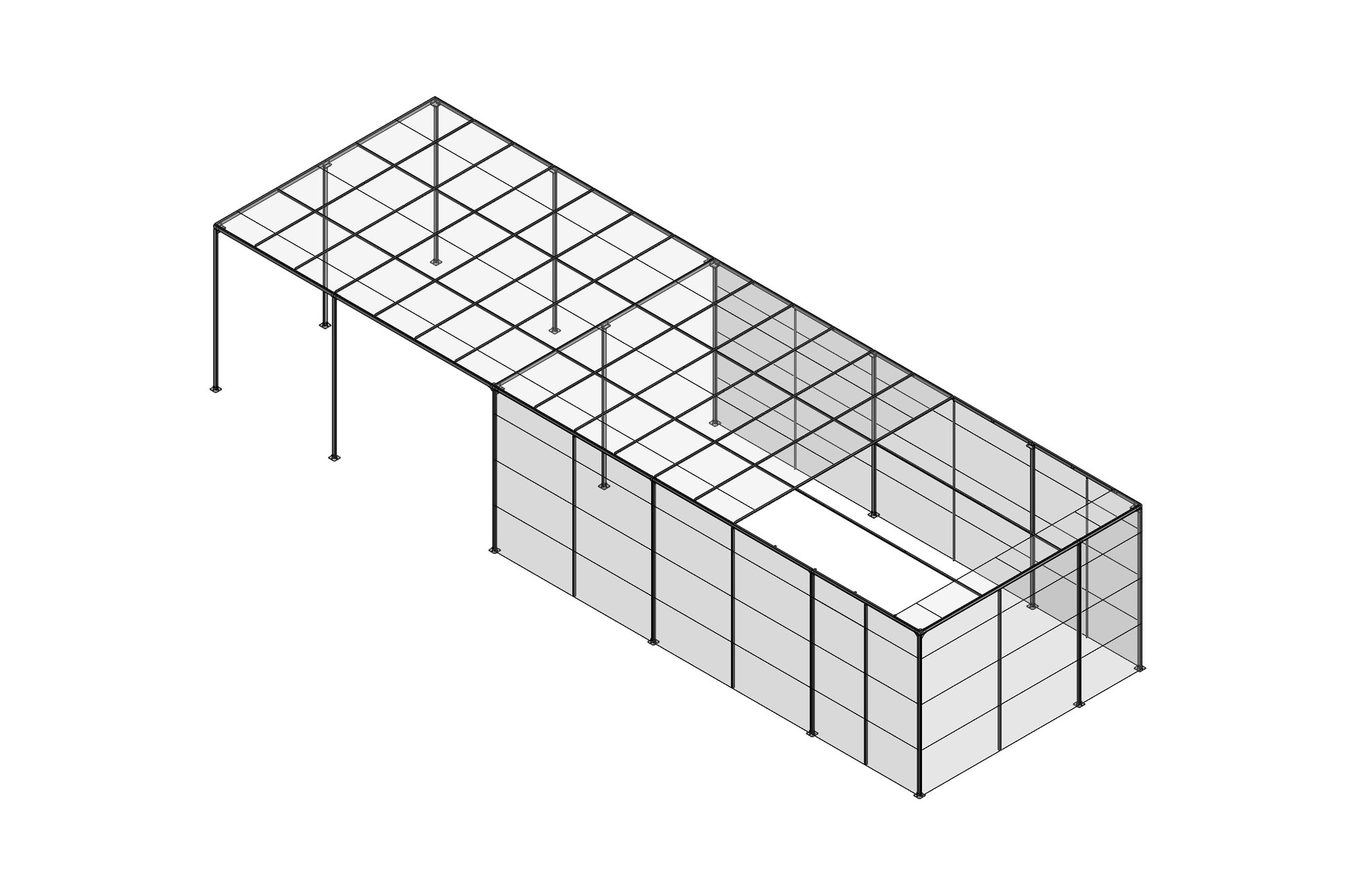 CAD model of an industrial steel shed structure with portal columns, roof framing and clad enclosure