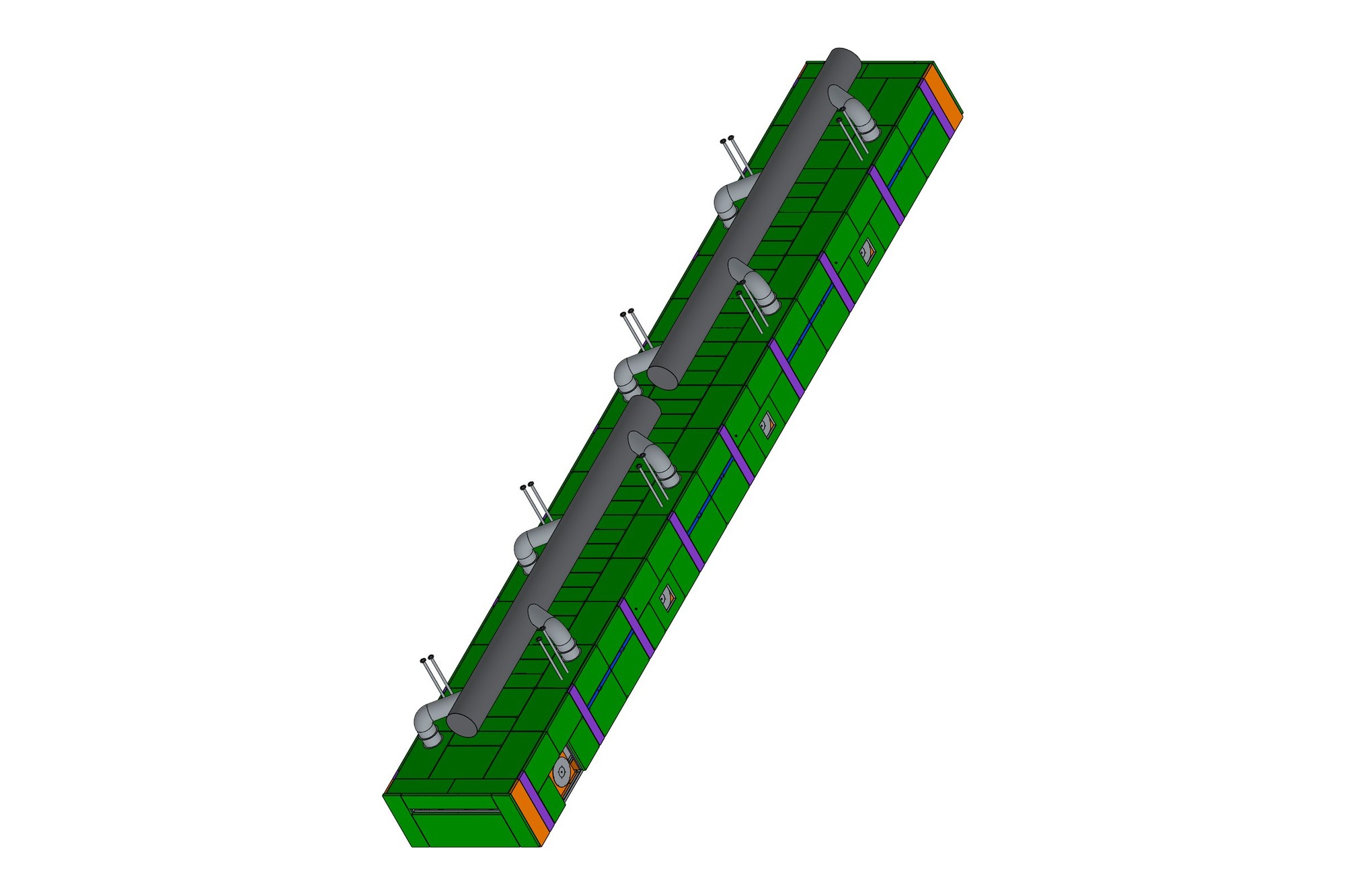 CAD model of an eight-chamber textile stenter machine with entry and exit sections