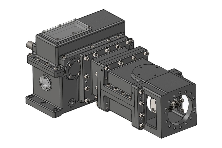 CAD model of a twin-shaft extruder gearbox showing two closely spaced internally splined output shafts, a heavy bolt-circle output flange and bolted split-casing stages (view 1 of 3)