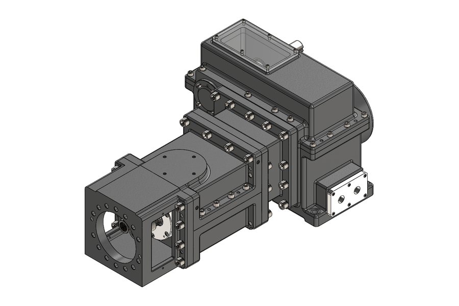 CAD model of a twin-shaft extruder gearbox showing two closely spaced internally splined output shafts, a heavy bolt-circle output flange and bolted split-casing stages (view 2 of 3)
